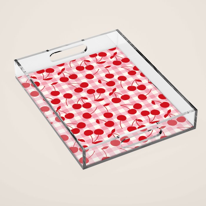 Red Cherries & Blush Pink Gingham Acrylic Tray Gallery Image 1