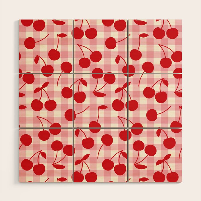 Red Cherries & Blush Pink Gingham Wood Wall Art Gallery Image 1