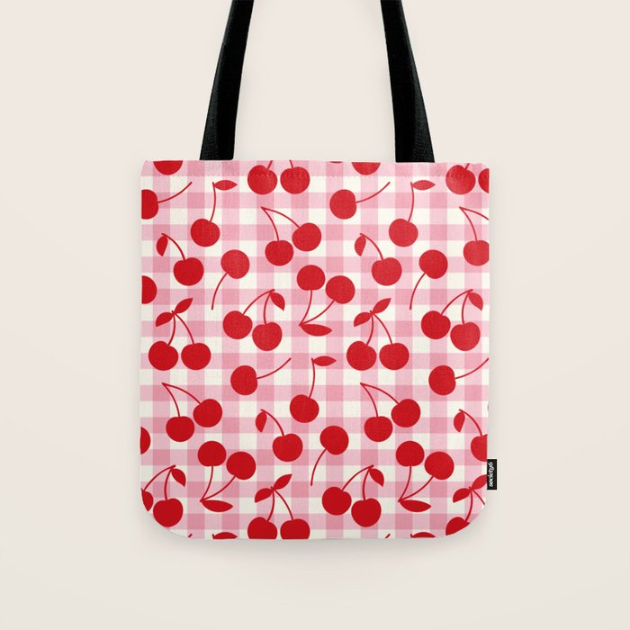 Red Cherries & Blush Pink Gingham Tote Bag Gallery Image 1