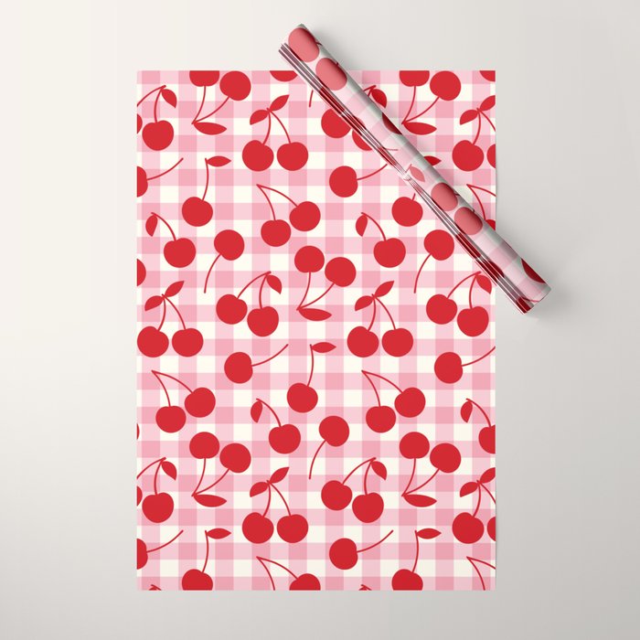 Red Cherries & Blush Pink Gingham Wrapping Paper Gallery Image 1