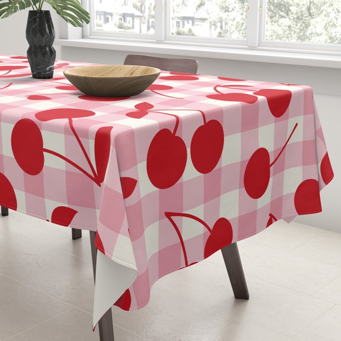 Red Cherries & Blush Pink Gingham Tablecloth Gallery Image 3