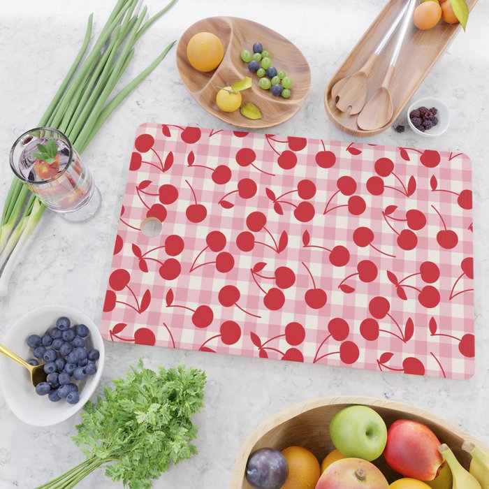 Red Cherries & Blush Pink Gingham Cutting Board Gallery Image 2