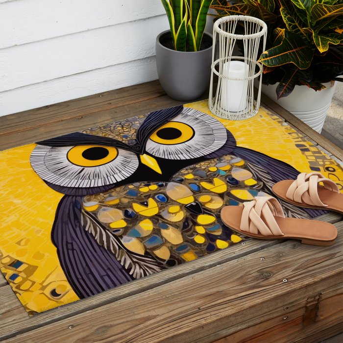 Klimt Owl with Yellow Eyes Outdoor Rug Gallery Image 2