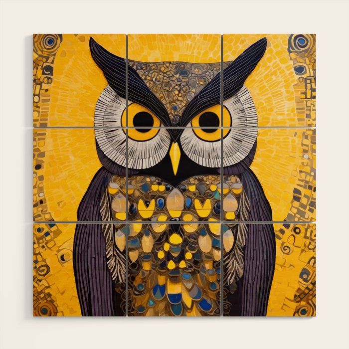 Klimt Owl with Yellow Eyes Wood Wall Art Gallery Image 1