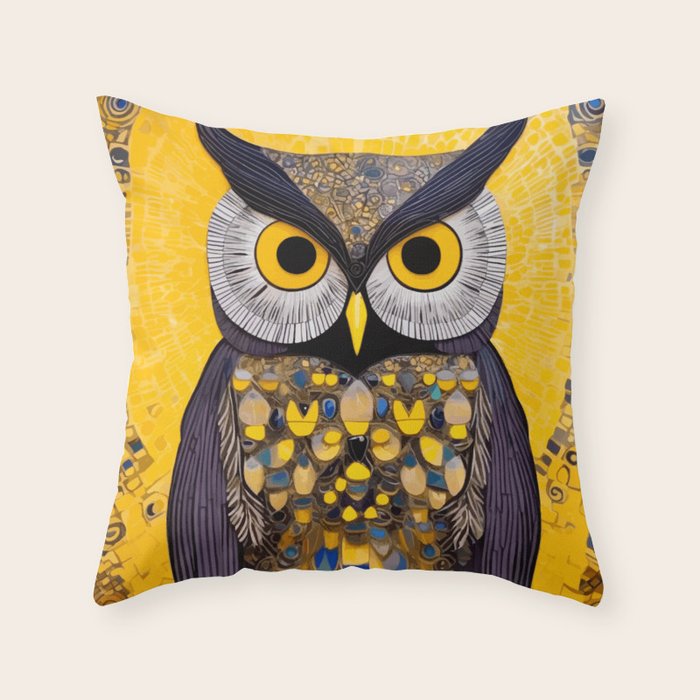 Klimt Owl with Yellow Eyes Throw Pillow Gallery Image 1