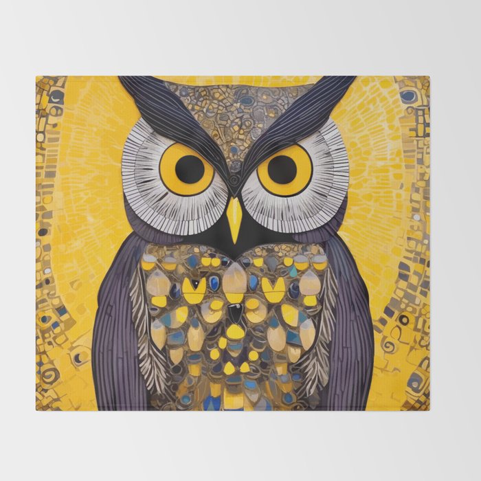 Klimt Owl with Yellow Eyes Throw Blanket Gallery Image 2