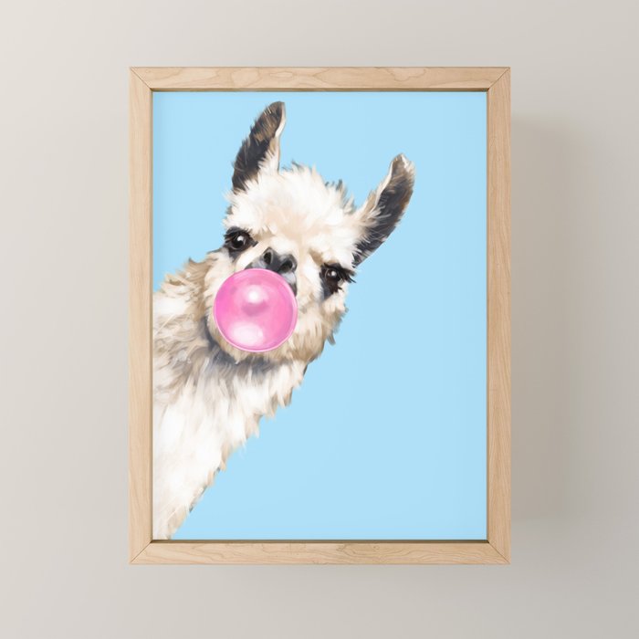 Bubble Gum Sneaky Llama in Blue Mini Art Print Gallery Image 1