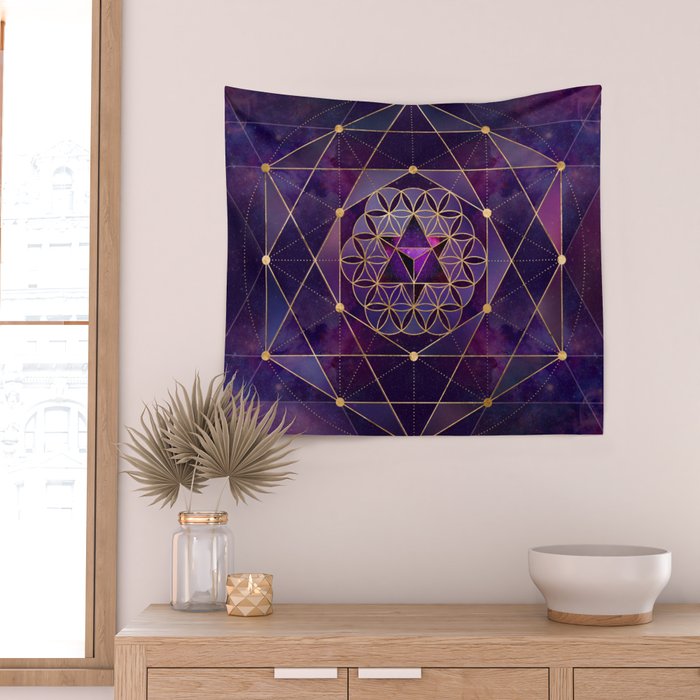 Merkabah in flower of life - Sacred Geometry Wall Tapestry Gallery Image 2