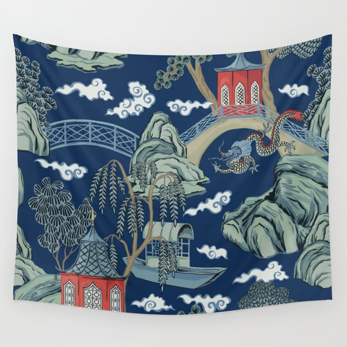 Vintage Chinoiserie Pagoda Bridge Garden Landscape Wall Tapestry Gallery Image 4