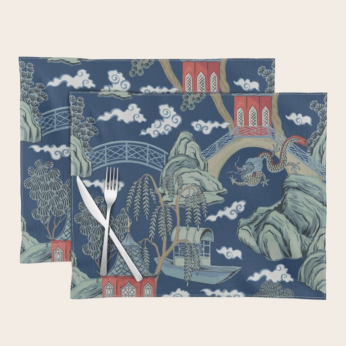 Vintage Chinoiserie Pagoda Bridge Garden Landscape Placemat Gallery Image 1