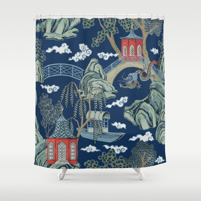 Vintage Chinoiserie Pagoda Bridge Garden Landscape Shower Curtain Gallery Image 1