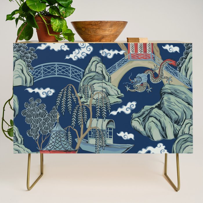 Vintage Chinoiserie Pagoda Bridge Garden Landscape Credenza Gallery Image 1