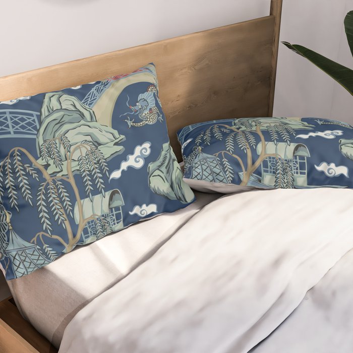 Vintage Chinoiserie Pagoda Bridge Garden Landscape Pillow Sham Gallery Image 2