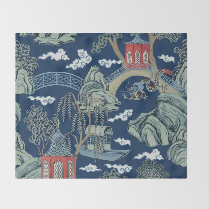 Vintage Chinoiserie Pagoda Bridge Garden Landscape Throw Blanket Gallery Image 2