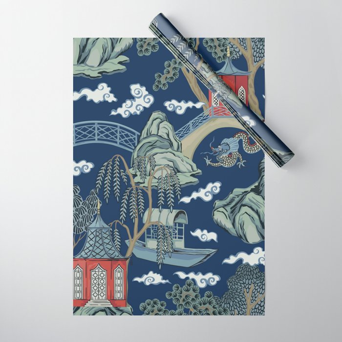 Vintage Chinoiserie Pagoda Bridge Garden Landscape Wrapping Paper Gallery Image 1