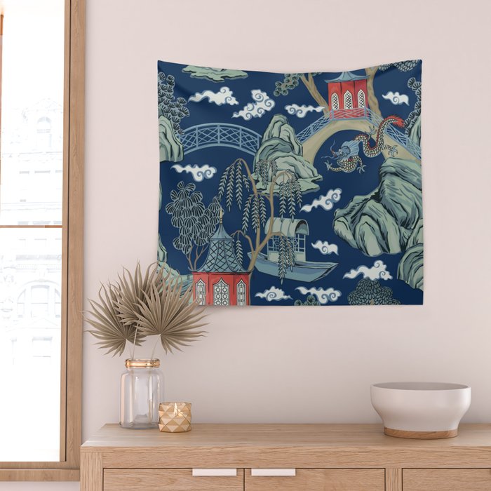 Vintage Chinoiserie Pagoda Bridge Garden Landscape Wall Tapestry Gallery Image 2