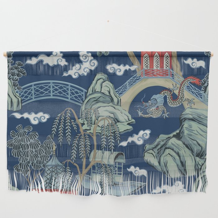 Vintage Chinoiserie Pagoda Bridge Garden Landscape Wall Hanging Gallery Image 1
