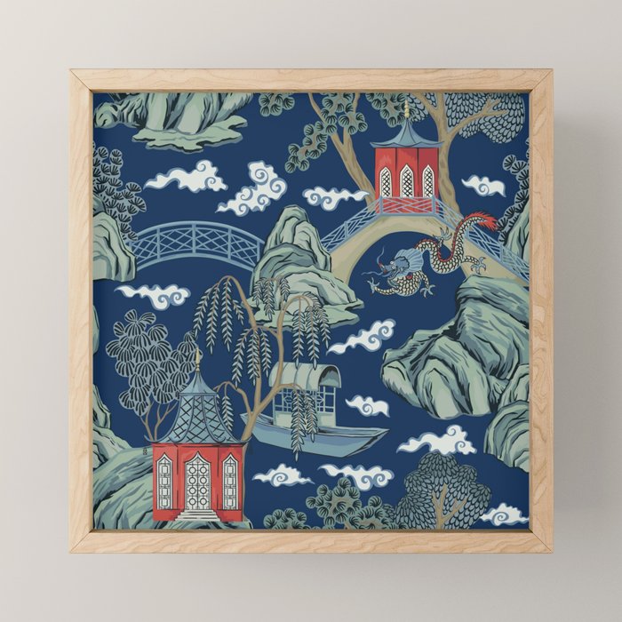 Vintage Chinoiserie Pagoda Bridge Garden Landscape Mini Art Print Gallery Image 1
