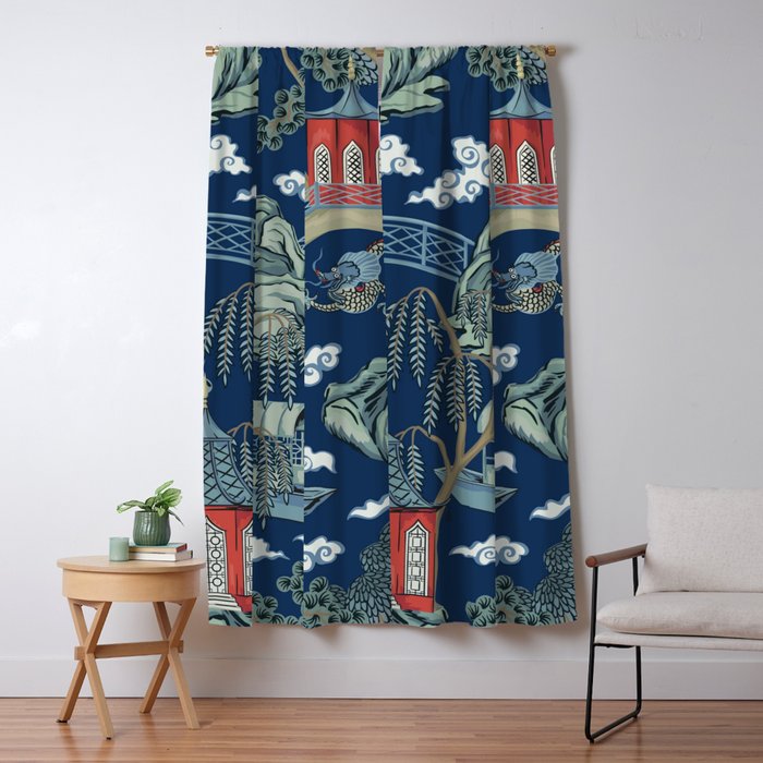 Vintage Chinoiserie Pagoda Bridge Garden Landscape Window Curtain Gallery Image 1