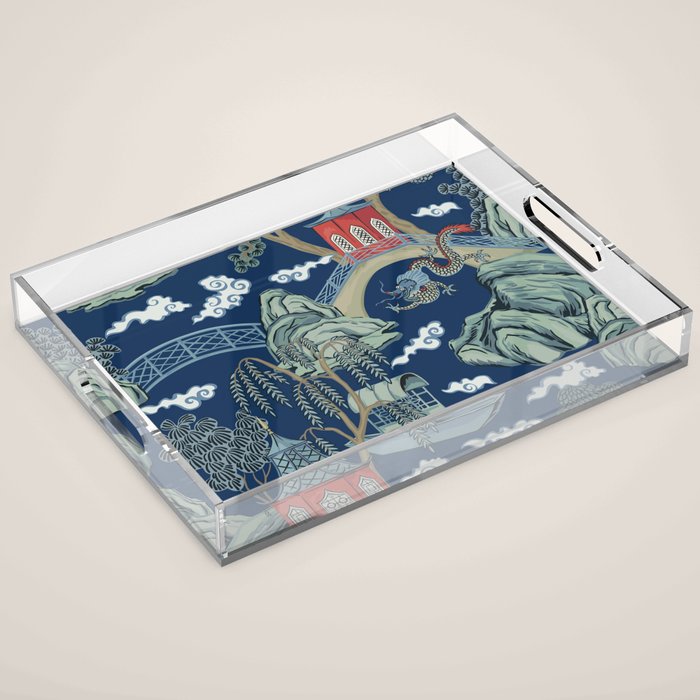 Vintage Chinoiserie Pagoda Bridge Garden Landscape Acrylic Tray Gallery Image 1