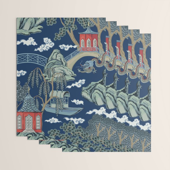 Vintage Chinoiserie Pagoda Bridge Garden Landscape Wrapping Paper Gallery Image 3