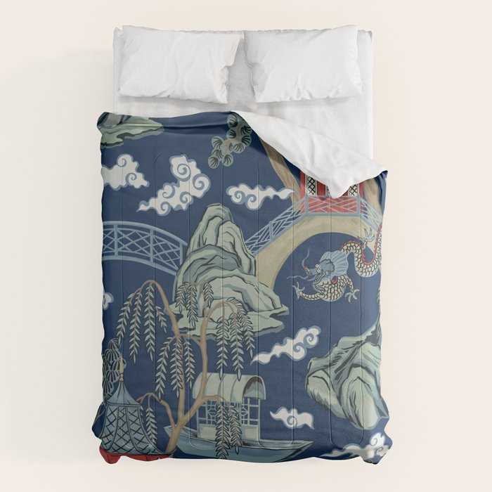 Vintage Chinoiserie Pagoda Bridge Garden Landscape Comforter Gallery Image 6