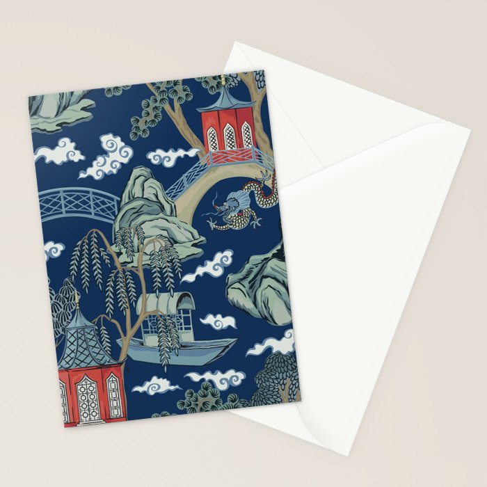 Vintage Chinoiserie Pagoda Bridge Garden Landscape Stationery Card Gallery Image 2