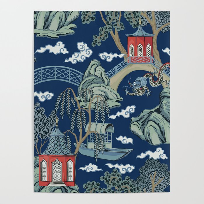 Vintage Chinoiserie Pagoda Bridge Garden Landscape Poster Gallery Image 4