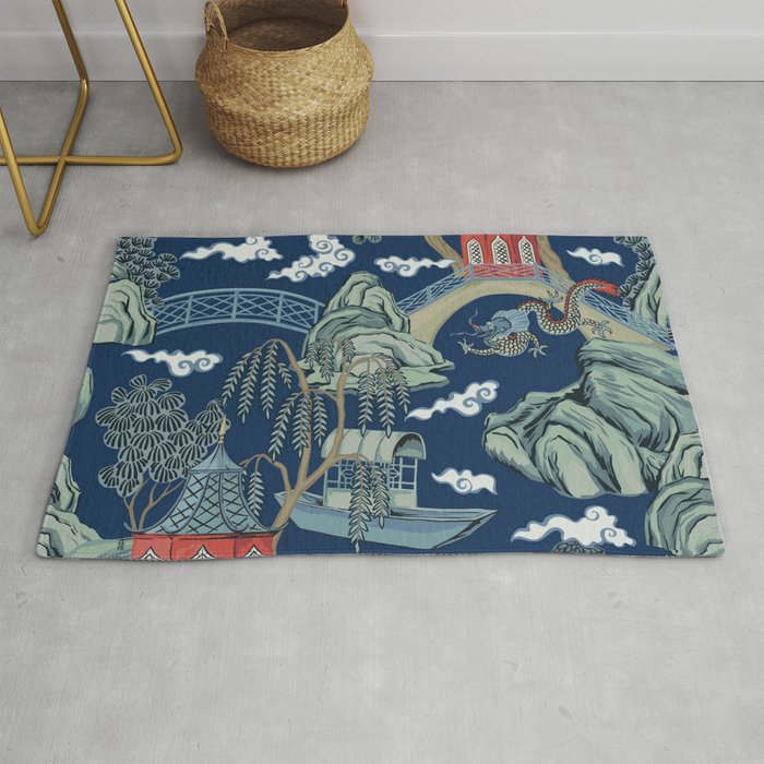 Vintage Chinoiserie Pagoda Bridge Garden Landscape Rug Gallery Image 1