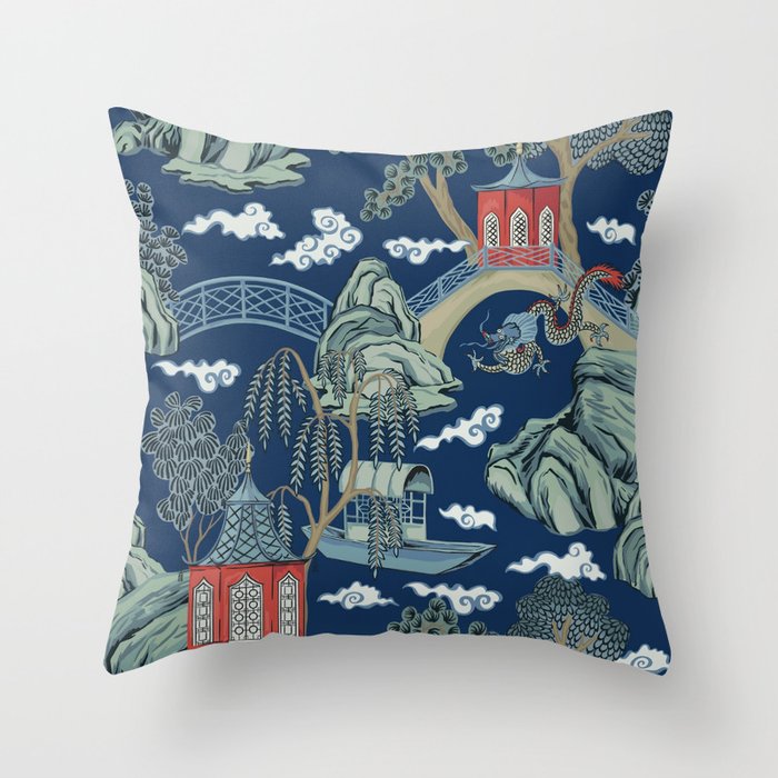 Vintage Chinoiserie Pagoda Bridge Garden Landscape Throw Pillow Gallery Image 6