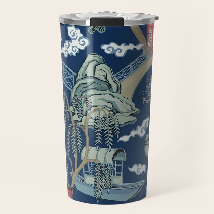 Vintage Chinoiserie Pagoda Bridge Garden Landscape Travel Mug Gallery Image 1
