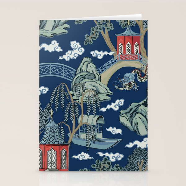 Vintage Chinoiserie Pagoda Bridge Garden Landscape Stationery Card Gallery Image 1