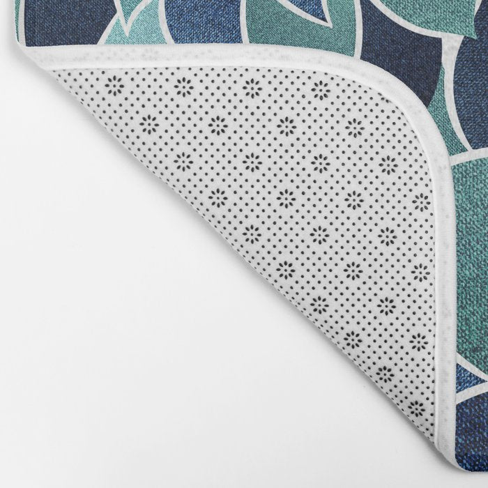 Festive, Floral Prints, Navy Blue and Teal on White Bath Mat Gallery Image 2