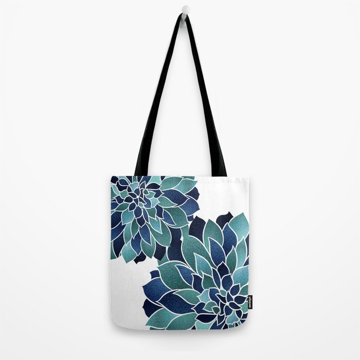 Festive, Floral Prints, Navy Blue and Teal on White Tote Bag Gallery Image 2