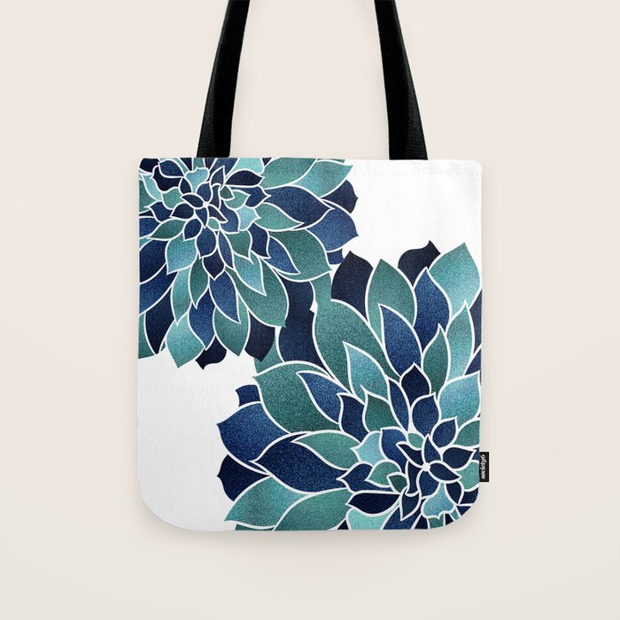 Festive, Floral Prints, Navy Blue and Teal on White Tote Bag Gallery Image 1