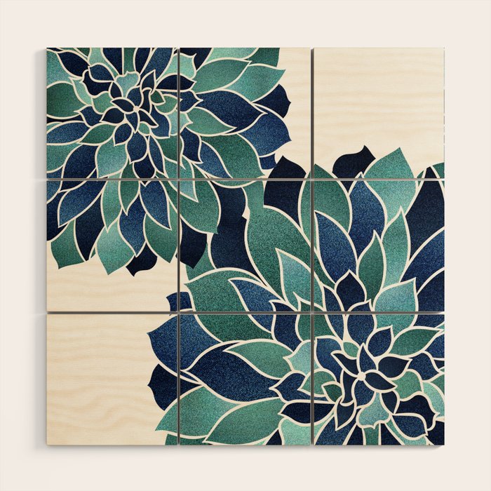 Festive, Floral Prints, Navy Blue and Teal on White Wood Wall Art Gallery Image 1