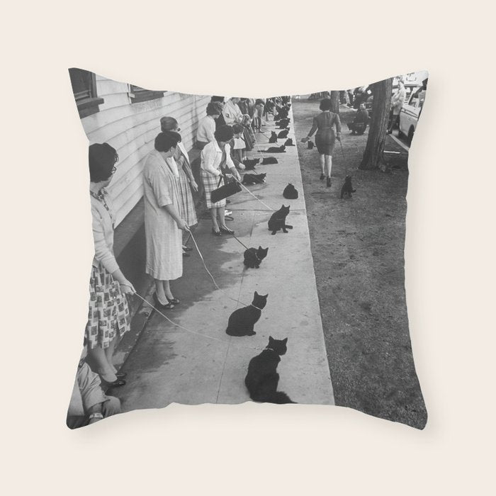 Cat Audition, Black and White, Vintage Art Throw Pillow Gallery Image 1