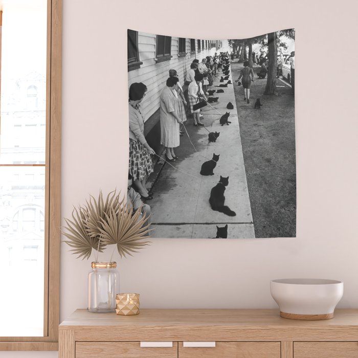 Cat Audition, Black and White, Vintage Art Wall Tapestry Gallery Image 2