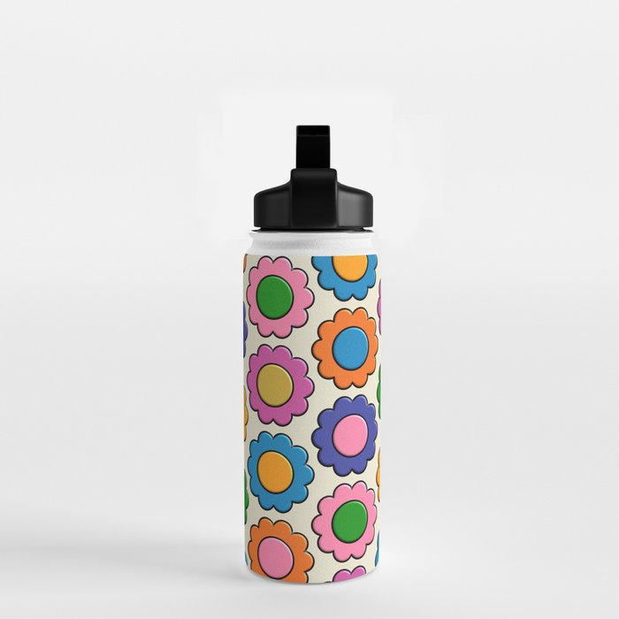 Colorful Flowers Happy Retro Plastic-Look Pattern Water Bottle Gallery Image 2
