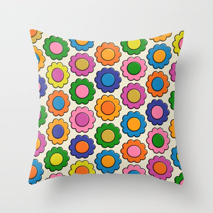 Colorful Flowers Happy Retro Plastic-Look Pattern Throw Pillow Gallery Image 6
