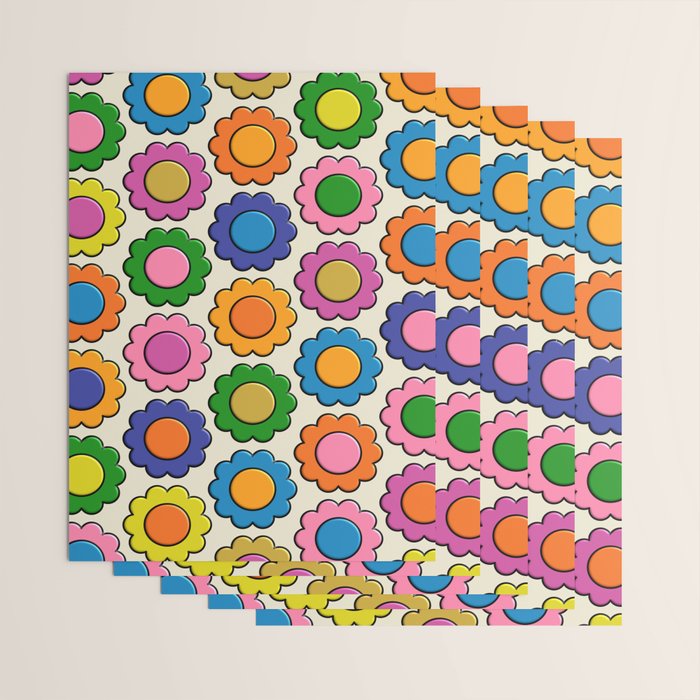 Colorful Flowers Happy Retro Plastic-Look Pattern Wrapping Paper Gallery Image 3