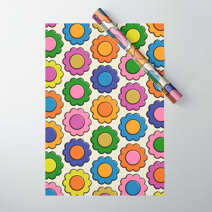 Colorful Flowers Happy Retro Plastic-Look Pattern Wrapping Paper Gallery Image 1