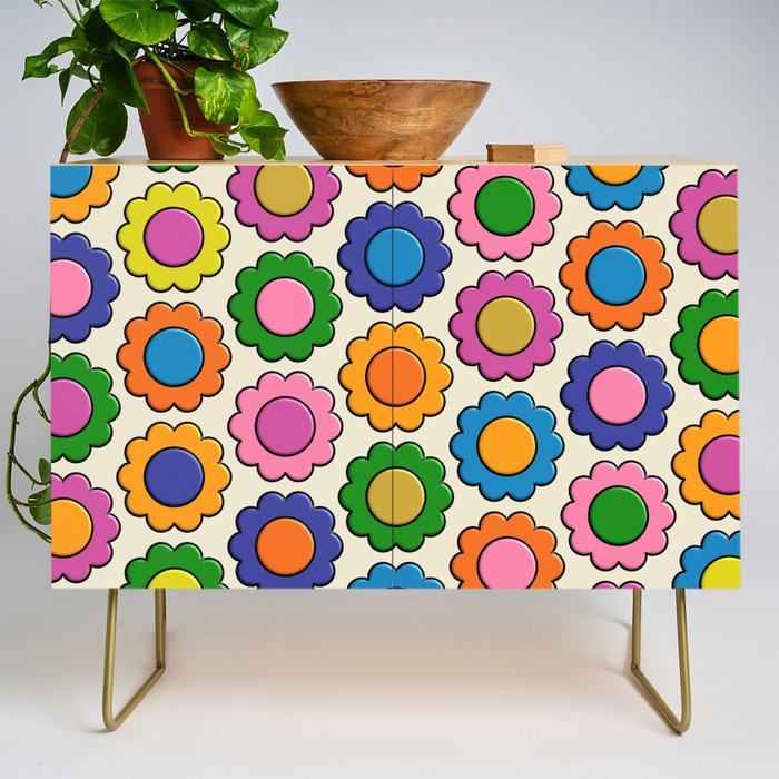 Colorful Flowers Happy Retro Plastic-Look Pattern Credenza Gallery Image 1