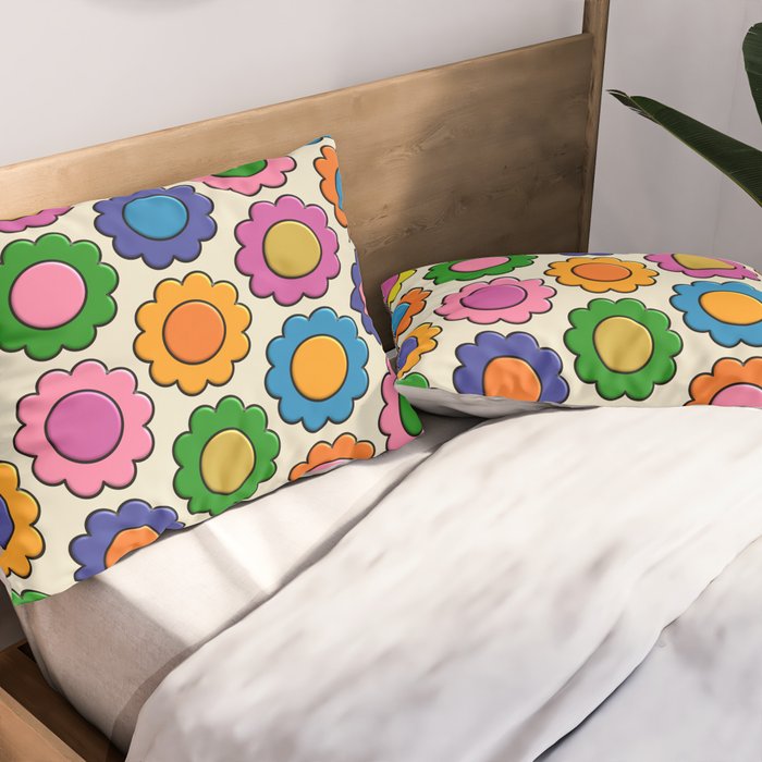 Colorful Flowers Happy Retro Plastic-Look Pattern Pillow Sham Gallery Image 2