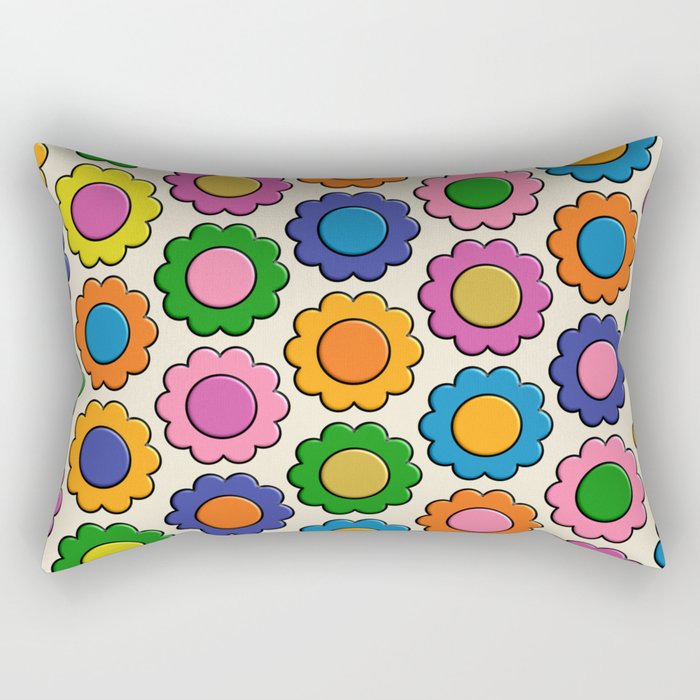 Colorful Flowers Happy Retro Plastic-Look Pattern Rectangular Pillow Gallery Image 1