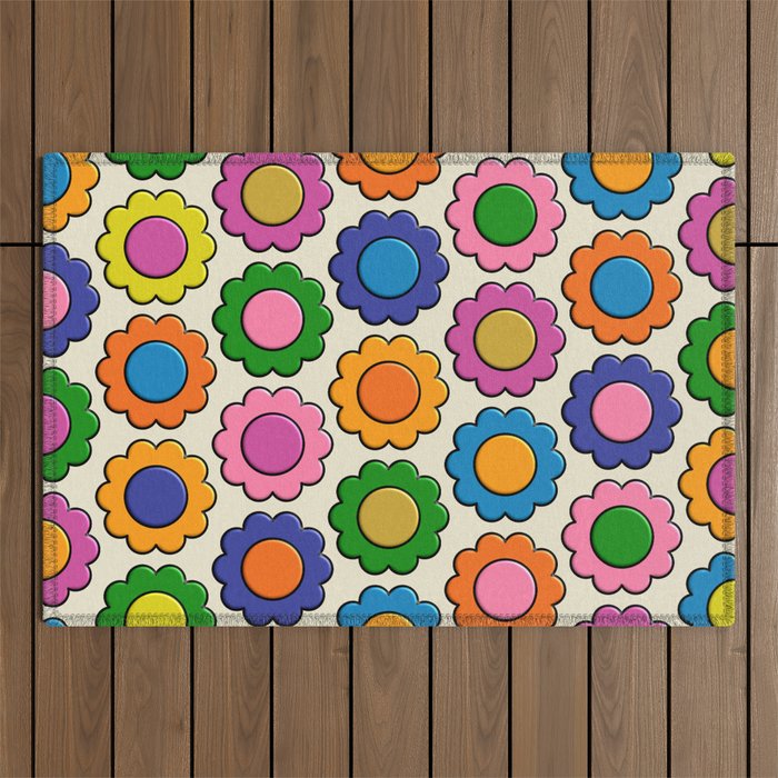 Colorful Flowers Happy Retro Plastic-Look Pattern Outdoor Rug Gallery Image 1