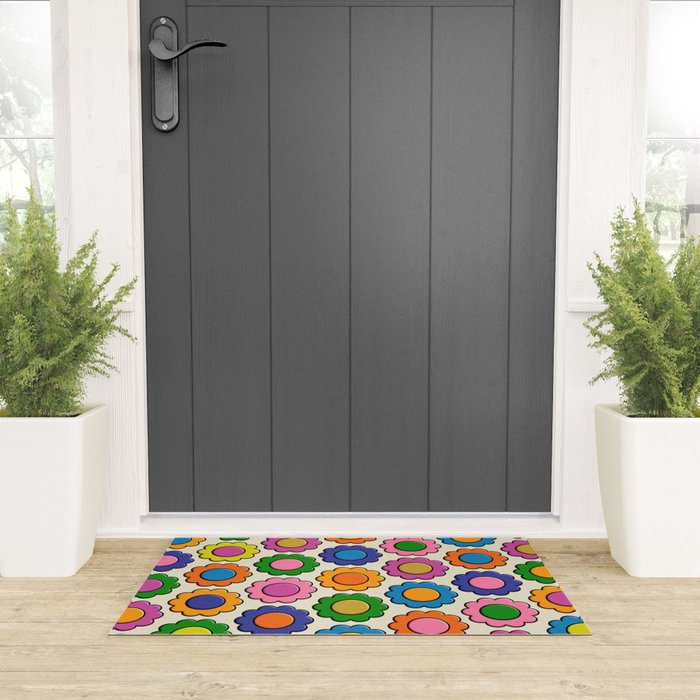 Colorful Flowers Happy Retro Plastic-Look Pattern Welcome Mat Gallery Image 3