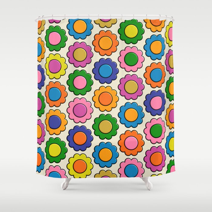 Colorful Flowers Happy Retro Plastic-Look Pattern Shower Curtain Gallery Image 1