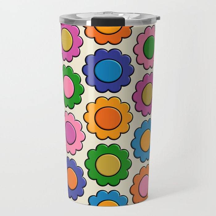 Colorful Flowers Happy Retro Plastic-Look Pattern Travel Mug Gallery Image 1