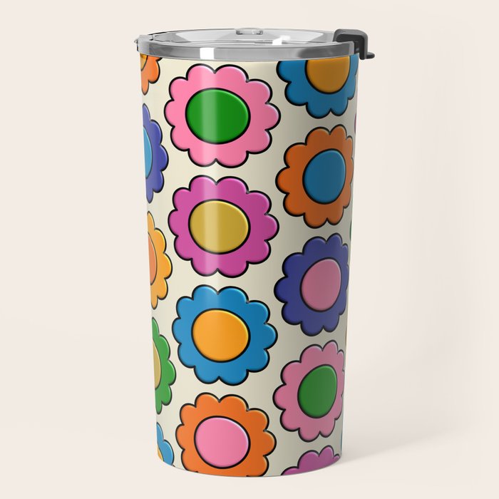 Colorful Flowers Happy Retro Plastic-Look Pattern Travel Mug Gallery Image 2